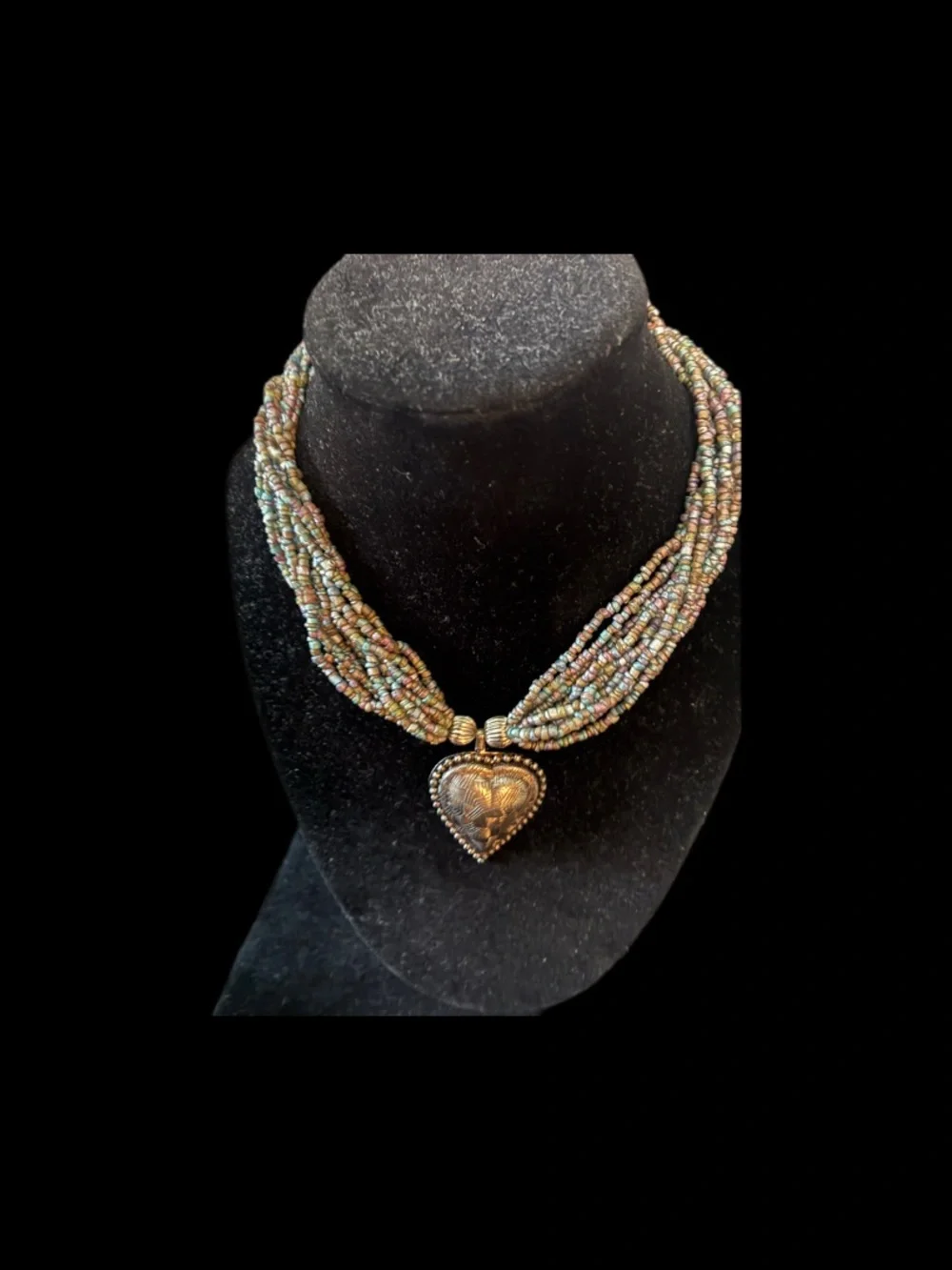 Multi-Strand EUC Seed Beaded Necklace with Heart Pendant SilverTone
